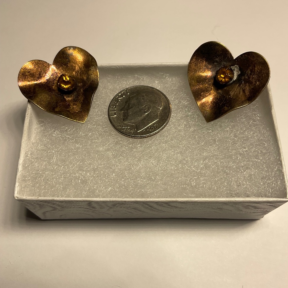 Gold Heart Earrings with Amber Accents - Picture 2 of 5